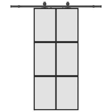 Vidaxl Drsna vrata z opremo črna 90x205 cm kaljeno steklo