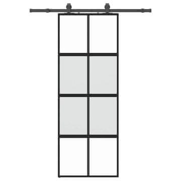Vidaxl Drsna vrata z opremo črna 76x205 cm kaljeno steklo