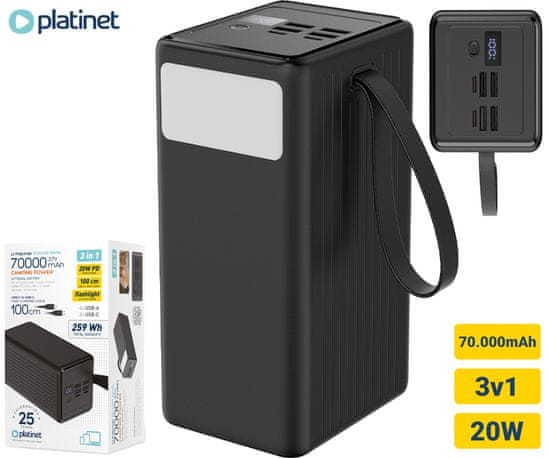 Platinet Powerbank, 70.000 mAh, 4xUSB-A, 2xUSB-C, LED luč (PMPB7020)