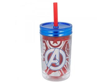 Stor Plastični termo lonček z navojem in slamico AVENGERS, 370ml, 13223