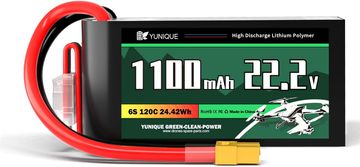 YUNIQUE GREEN-CLEAN 6-celična 22.2V 1100mAh 120C Lipo baterija s priključkom XT60, silikonskim kablom in mehko lupino - velikost 72x38x35mm, teža 265g - visoka moč za RC modele