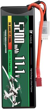 YUNIQUE GREEN-CLEAN 3-celica 11.1V 5200mAh 100C Lipo baterija s T-vtičnim priključkom, silikonskim kablom in trdo lupino - Dimenzije 138x47x36 mm, Teža 359g - Visoka moč za RC modele