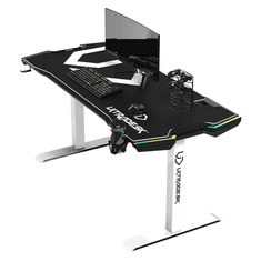 Ultradesk Gaming miza FORCE SNOW - bela, 166x70 cm, 66-86 cm, 5 nivojev višine, z XXL podlogo za miško, RGB osvetlitev, držalo za pijačo in slušalke