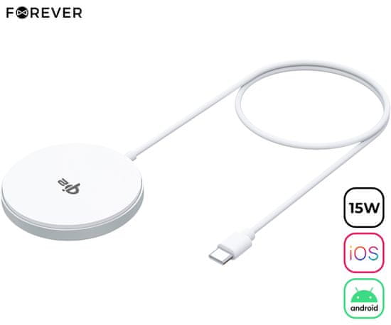 Forever MAWC-300 brezžični polnilec, 15W, MagSafe, USB-C, 100cm kabel, bel