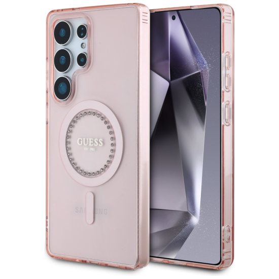Guess Originalni ovitek GUHMS25LPFTDTEP za Samsung Galaxy S25 Ultra 5G - MagSafe - roza s kristalčki