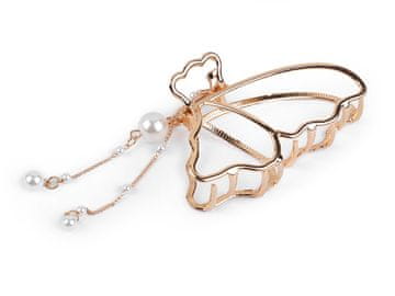 Kovinska sponka za lase z bisernim obeskom - zlati metulj