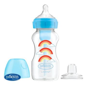 DR.BROWN'S Antikolična steklenička Možnosti+ široko ustje 2v1 z ustnikom, 270 ml, plastika, modra