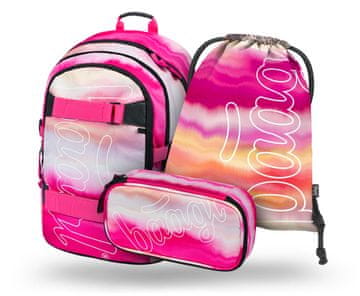 BAAGL 3 SET Skate Pink Stripes: nahrbtnik, peresnica, torba