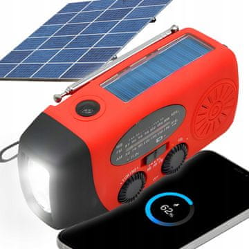 Dexxer 3v1 pohodniški aku. 2000mAh solarni FM radio na dinamo LED powerbank