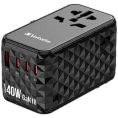 Verbatim Verbatimov univerzalni potovalni adapter UTA-10, 2xUSB-C PD 140W /1xUSBC PD 18W/1xUSB-A PD 18W, črn