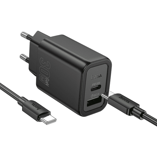 Hoco Polnilec N63 GaN PD 30W USB-A, Type C s kablom Type C na Type C za Samsung - črn