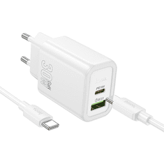 Hoco Polnilec N63 GaN PD 30W USB-A, Type C s kablom Type C na Type C za Samsung - bel