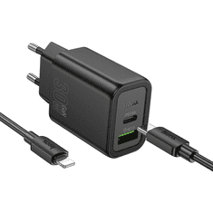 Hoco Polnilec N63 GaN PD 30W USB-A, Type C s kablom Type C na Lightning za iPhone - črn