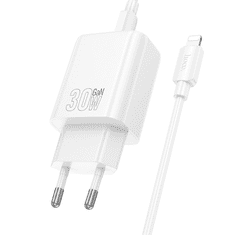 Hoco Polnilec N63 GaN PD 30W USB-A, Type C s kablom Type C na Lightning za iPhone - bel