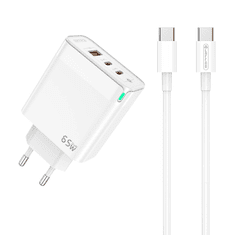 Jellico Hišni polnilec adapter C79 220V Gun Quick Charge PD 65W vhod 1x USB A in 2x Type C - s kablom Type C na Type C bel