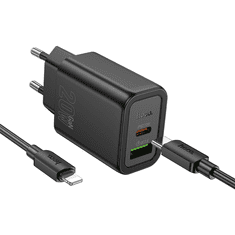 Hoco Polnilec N61 GaN PD 20W USB-A, Type C s kablom Type C na Lightning za iPhone - črn