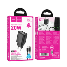 Hoco Polnilec N61 GaN PD 20W USB-A, Type C s kablom Type C na Type C za Samsung - črn