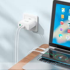 Hoco Polnilec adapter N30 GuN QC PD 65W vhod 1x USB A in 2x Type C za Samsung - bel