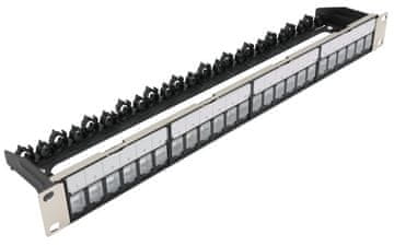 XtendLan Patch panel 19", 24 priključkov, neekraniran, zaščiten, črn, Cat5e/6/6A/7, 10+1ks za 1Kč