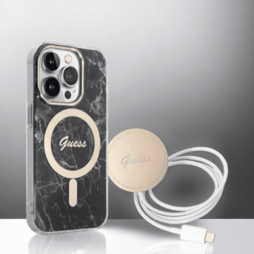 Guess Guess komplet ovitek + polnilec (MagSafe) "Marble black" za iPhone 14 Pro (GUBPP14LHMEACSK)