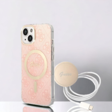 Guess Guess komplet ovitek + polnilec (MagSafe) "pink" za iPhone 14 Plus/ 15 Plus (GUBPP14MH4EACSP)