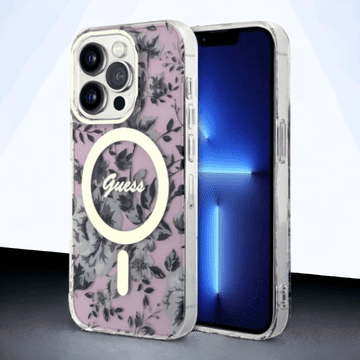 Guess Ovitek Guess "Flower" za iPhone 14 Pro s tehologijo MagSafe - roza (GUHMP14LHCFWSP)