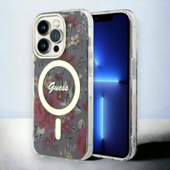 Guess Ovitek Guess "Flower" za iPhone 14 Pro s tehologijo MagSafe - rjava (GUHMP14LHCFWSA)