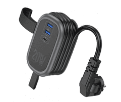 Hoco Podaljšek, vtičnica NS7 4000W 1,1m dolžina kabla PD20W 2x USB A, 1x Type C - črn