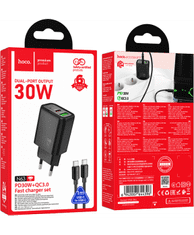 Hoco Polnilec N63 GaN PD 30W USB-A, Type C s kablom Type C na Lightning za iPhone - črn