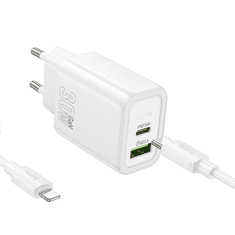 Hoco Polnilec N63 GaN PD 30W USB-A, Type C s kablom Type C na Lightning za iPhone - bel