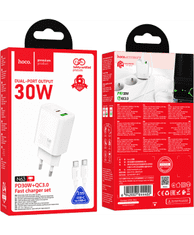 Hoco Polnilec N63 GaN PD 30W USB-A, Type C s kablom Type C na Lightning za iPhone - bel