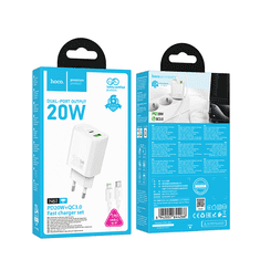 Hoco Polnilec N61 GaN PD 20W USB-A, Type C s kablom Type C na Lightning za iPhone - bel
