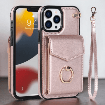 Infostyle Večfunkcijski Silikonski ovitek "Wallet-Ring" za iPhone 14 Pro Max Svetlo roza / Ekološko usnje + TPU silikon