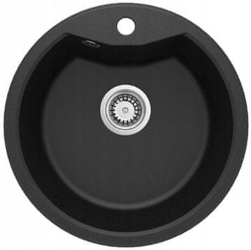 shumee Vgradno granitno pomivalno korito z enim koritom in sifonom, 48 cm, okroglo, črno, SOLIS