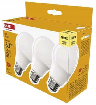 Emos Komplet 3 varčnih LED žarnic E27, toplo bela, 9,4 W, 806 lm