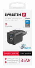 SWISSTEN Napajalnik GaN 1x USB-C 35W pd + 1x USB-A 27W QC črn