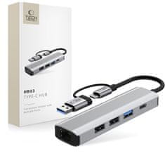 Tech-protect HB03 HUB adapter USB-C + USB - 3x USB / USB-C / RJ45, siva