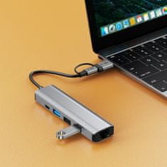 Tech-protect HB03 HUB adapter USB-C + USB - 3x USB / USB-C / RJ45, siva