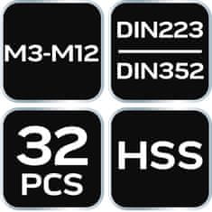 shumee Navojni rezilni lističi in navojni svedri M3-M12, 32-delni komplet HSS v kovčku
