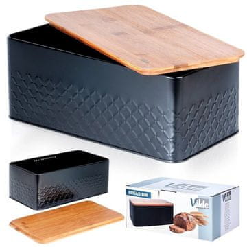 shumee Posoda za kruh z desko Black Metal VILDE 33,5x18,5x12,5 cm