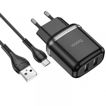 Hoco Pametni hišni polnilec N4 12W z 2,4A z 2x USB vtičem in s polnilnim kablom Micro USB črn