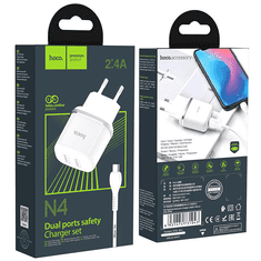Hoco Pametni hišni polnilec N4 12W z 2,4A z 2x USB vtičem in s polnilnim kablom Micro USB bel
