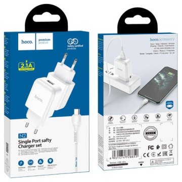 Hoco Pametni hišni polnilec N2 z USB vtičem in s polnilnim kablom Micro USB 2,1A - bel