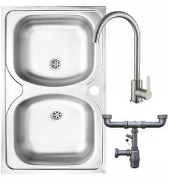 shumee Dvojno jekleno korito 80x50 + odprtina za pipo + sifon + pipa