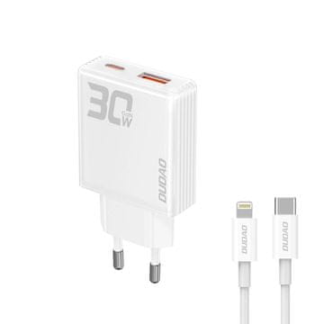 DUDAO A30EUL GaN polnilnik USB / USB-C 30W + kabel USB-C / Lightning, bela
