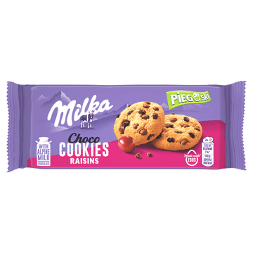Mondelez Milka Pieguski Čokoladni piškoti z rozinami Piškoti s koščki mlečne čokolade in rozinami 135 g