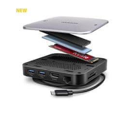 AXAGON HMC-UFO, vozlišče USB 10 Gb/s, 2x USB-A, USB-C, HDMI 4k/60, RJ-45, reža M.2, SD/mSD, zvok, PD 100 W, kabel USB-C 65 cm