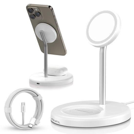 ANFIL ANFIL Brezžični polnilec 2-v-1, 15W Hitro polnjenje, MagSafe združljiv z iPhone 12/13/14/15/16 serijo in AirPods, Magnetni, Kompakten, varen in prostor prihranjen dizajn, z USB C kablom