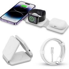 ANFIL Zložljiv brezžični polnilec 3-v-1, 15W Hitro polnjenje, MagSafe združljiv z iPhone 12 in novejšimi, Apple Watch, AirPods, Zložljiv in prenosljiv dizajn, z USB C kablom, bela
