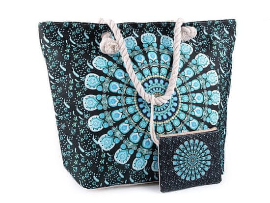 Poletna / plažna torba mandala, paisley z vrečko 39x50 cm - črna turkizna